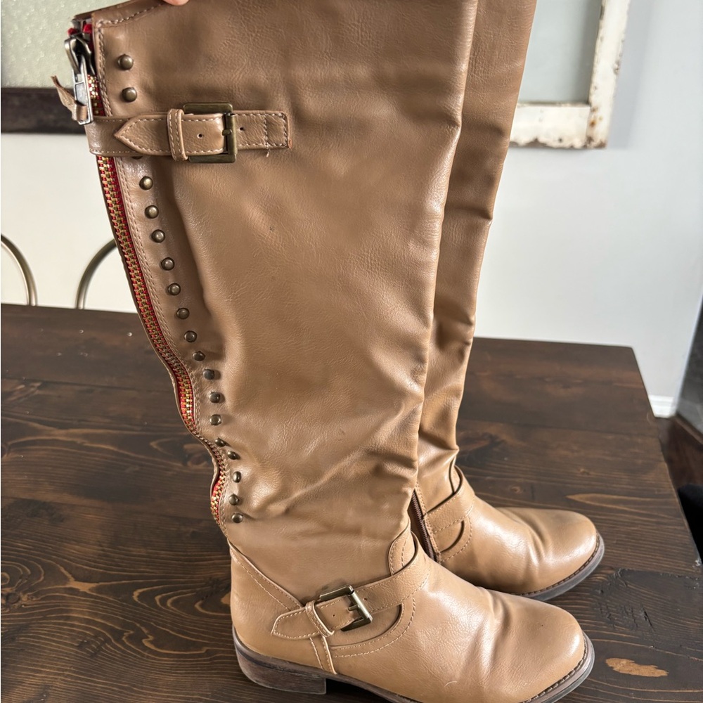 Bella Marie Tan Over the Knee Boots with Buckle and Studs